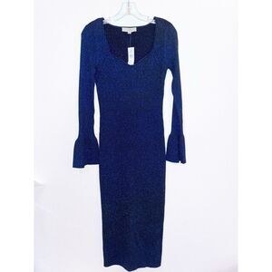 New LOFT Blue Sparkle Stretch Bodycon Long Sleeved Midi Dress Size Small